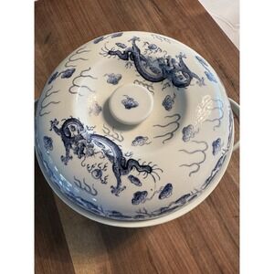 Vintage Dragon Soup Tureen Porcelain Blue White Floral Design Large